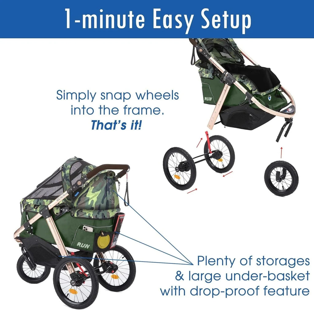 2026 NewJogging Sports Stroller with Comfort Rubber Wheels/Zipper-Less Entry/1-Hand Quick Fold/Aluminum Frame for Small/Medium Dogs, Cats and Pets (Green Camo)