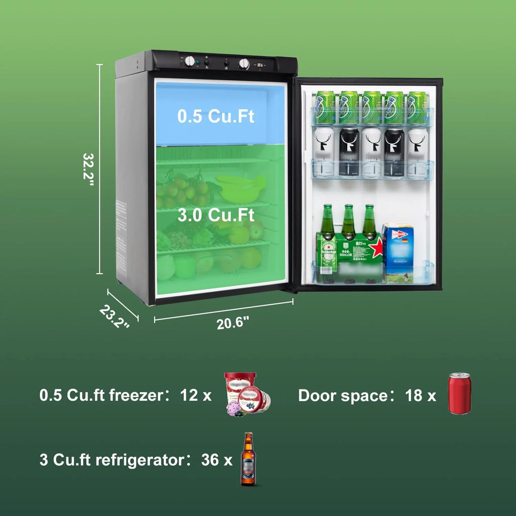 2026 SMAD 3.5 Cu ft 3 Way Fridge, Refrigerator Freezer Combo, 12V/110V/LPG Camping Offgrid RV Travel Cabin Truck Outdoor
