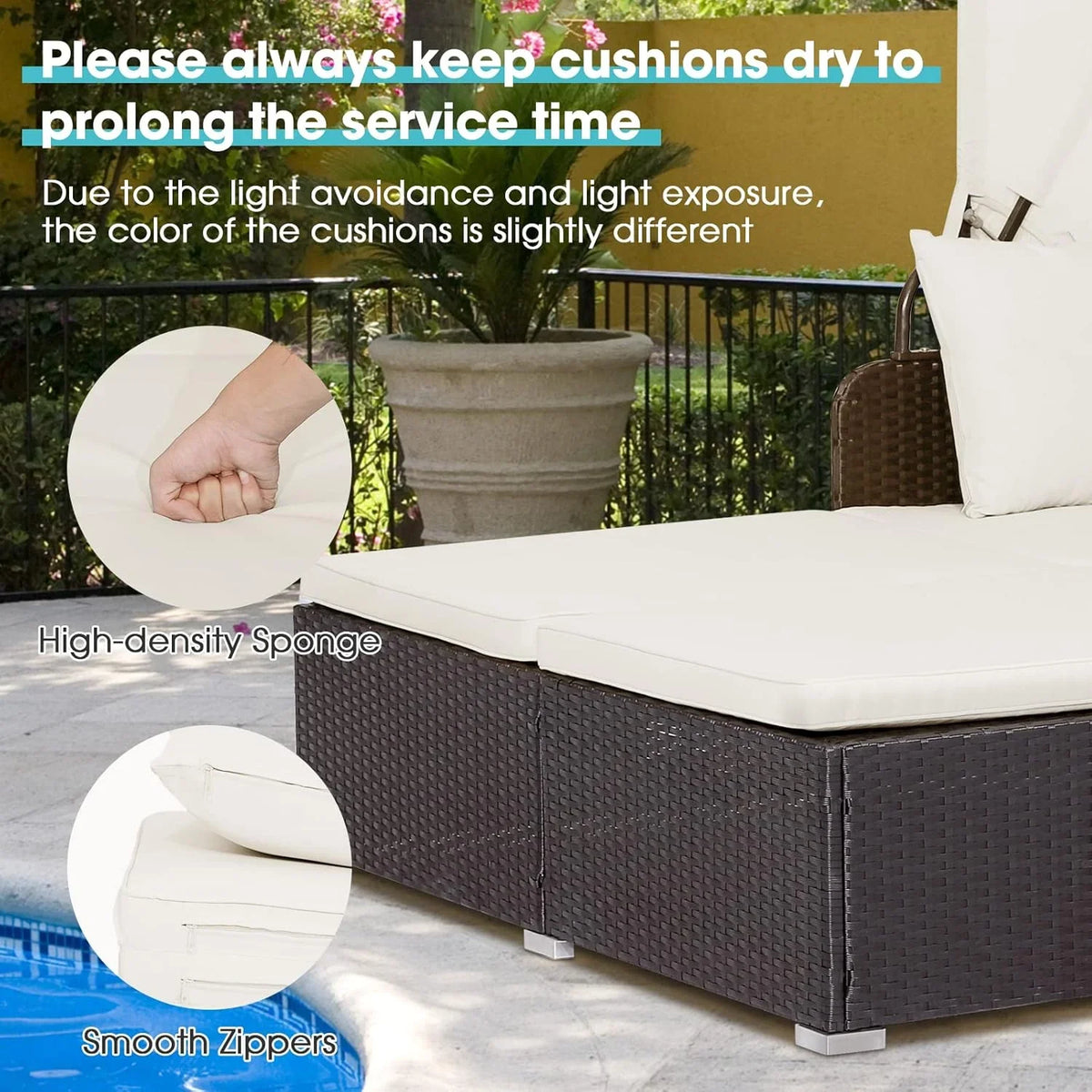2026 Patio Outdoor Daybed with Canopy, Wicker Sunbed w/Cushions, 4 Pillows & 2 Retractable Side Trays, 2-Person Lounge Bed Conversation for Poolside Porch Garden, Rattan Outdoor Bed (Turquoise)