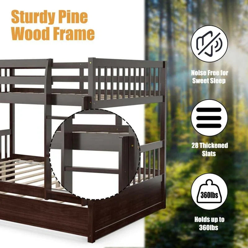 2026 Solid Wood Full Over Full Bunk Bed Frame with Trundle, Safety Ladder & Guardrails, Convertible Bunk Bed for Kids Teens
