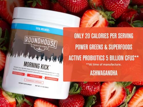 2026 ROUNDHOUSE PROVISION Morning Kick, Zero Sugar Greens Superfood Powder Supplement with Ashwagandha, Collagen, Probiotics, Debloat Drink, 30 Servings (Strawberry Lemonade) by Chuck Norris