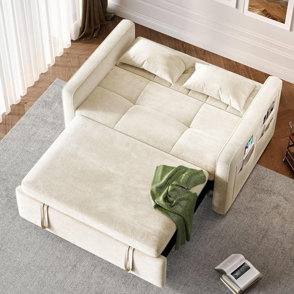 2026 3-in-1 Convertible Sofa Bed, 55" Sleeper Sofa with Pull-Out Bed, Cat-Scratch-Proof Fabric Futon Couch with Adjustable Backrest and Side Pocket, Loveseat for Living Room Apartment, Grey