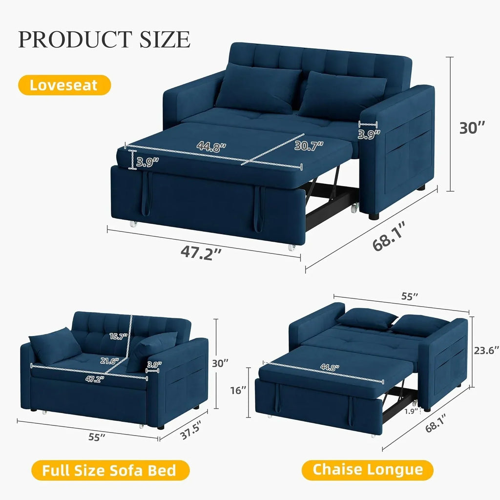 2026 3-in-1 Convertible Sofa Bed, 55" Sleeper Sofa with Pull-Out Bed, Cat-Scratch-Proof Fabric Futon Couch with Adjustable Backrest and Side Pocket, Loveseat for Living Room Apartment, Grey