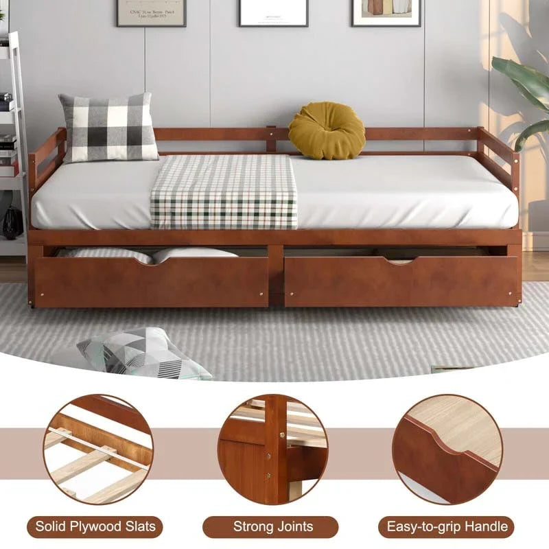 2026 Extendable Twin to King Daybed with Trundle & 2 Storage Drawers, Dual-use Modern Sofa Bed with Roll Out Bed Frame