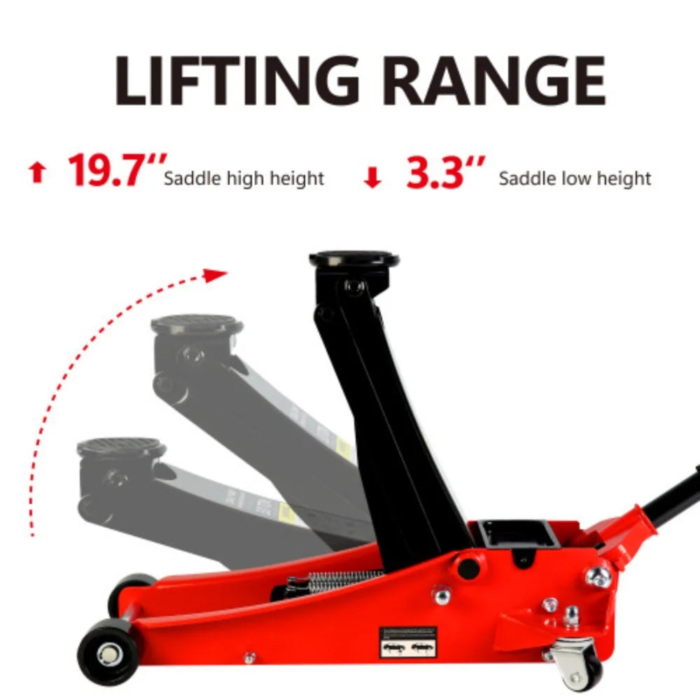2026 3t Low Profile Jack, Red and Black, Ultra Low Floor Jack with Dual Pistons Quick Lift Pump, Car Jack Hydraulic AutoLifts for Home Garage Black+Red + Steel + 3T Dual pump + Lifting range 3.3"-19.7"