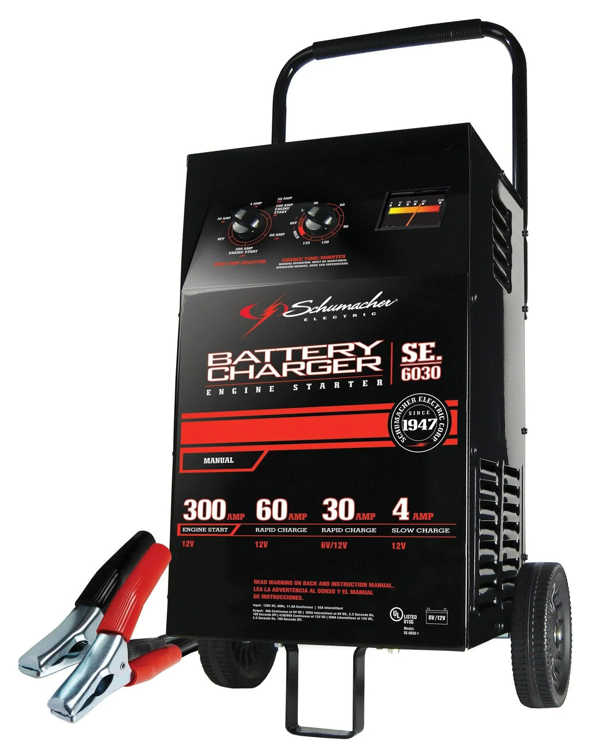 2026 Electric Wheeled Battery Charger and Engine Starter, SC1446, 2-in-1, manual timer control, 300 crank amps, 6 volts, 12 volts, for car, SUV, truck and Marine batteries