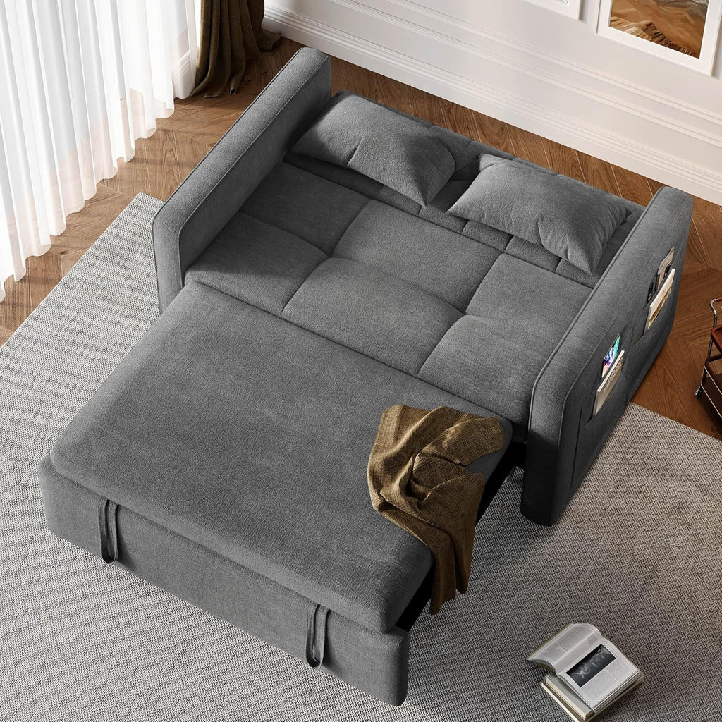 2026 3-in-1 Convertible Sofa Bed, 55" Sleeper Sofa with Pull-Out Bed, Cat-Scratch-Proof Fabric Futon Couch with Adjustable Backrest and Side Pocket, Loveseat for Living Room Apartment, Grey
