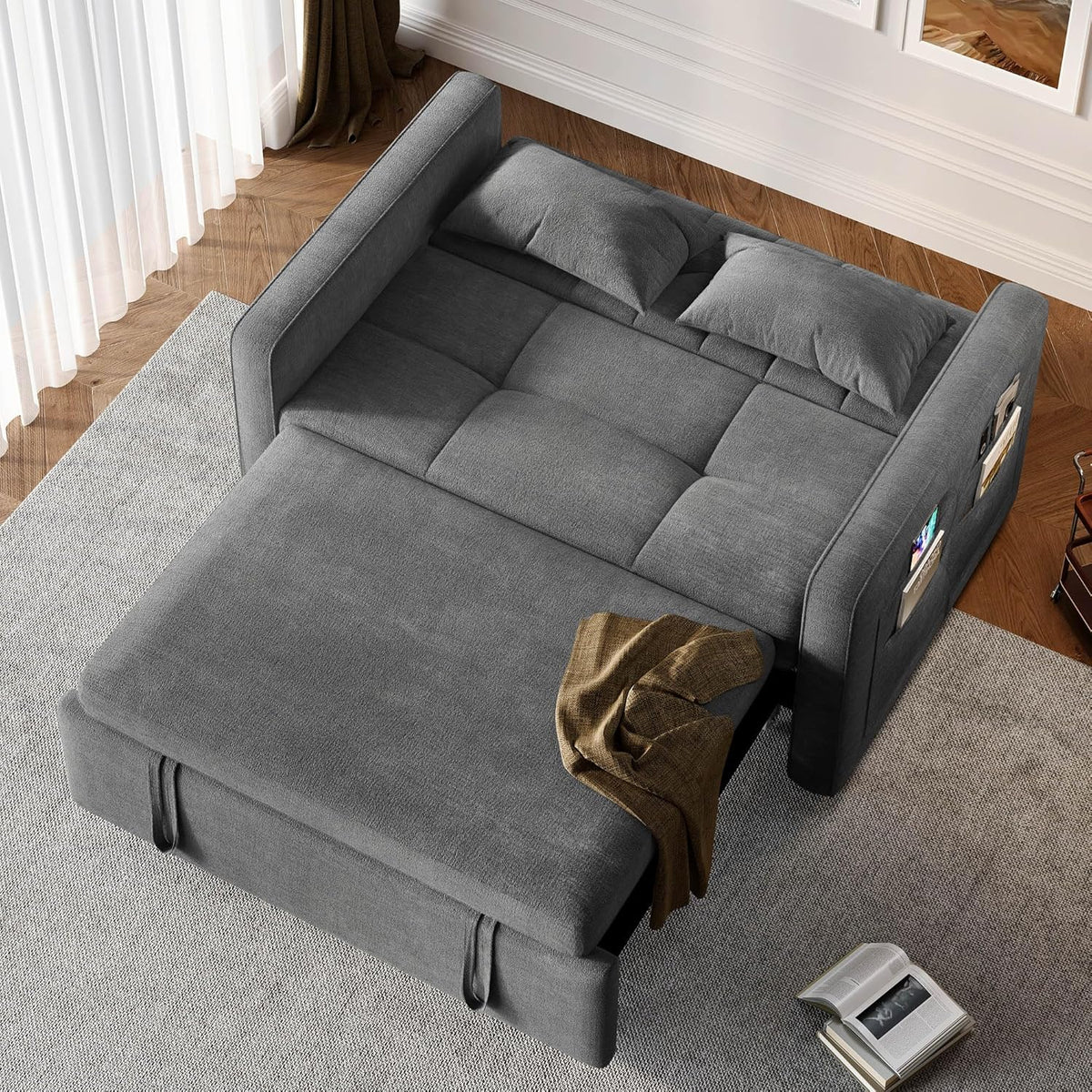 2026 3-in-1 Convertible Sofa Bed, 55" Sleeper Sofa with Pull-Out Bed, Cat-Scratch-Proof Fabric Futon Couch with Adjustable Backrest and Side Pocket, Loveseat for Living Room Apartment, Grey