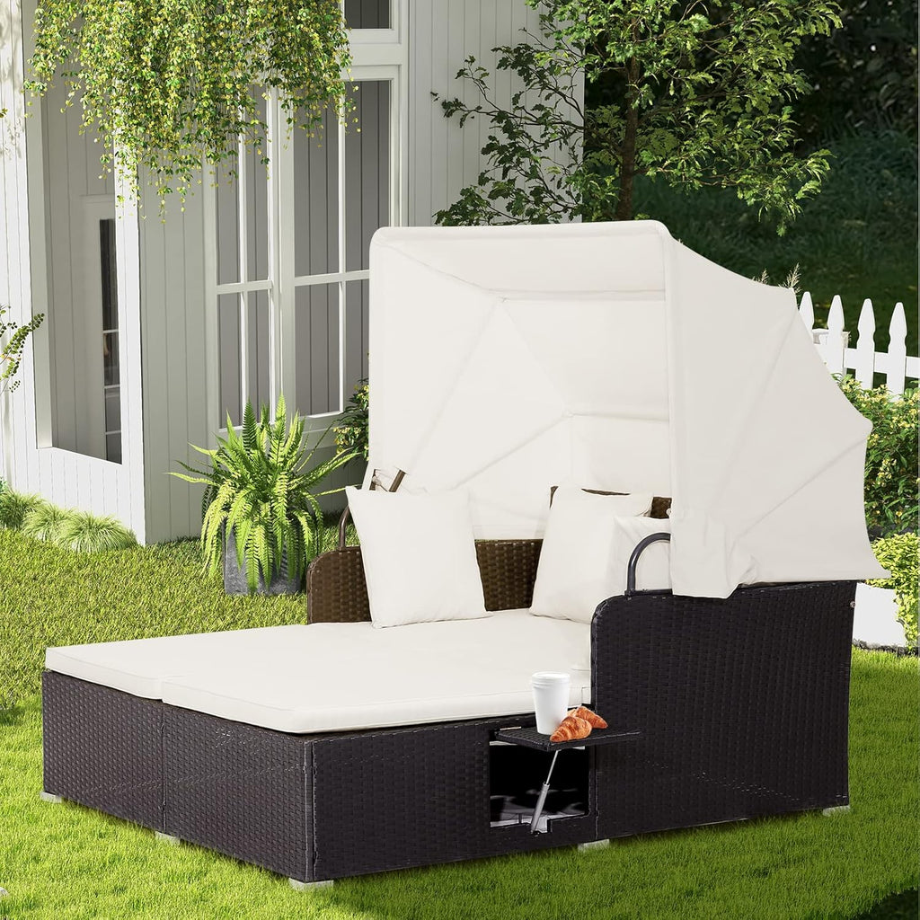 2026 Patio Outdoor Daybed with Canopy, Wicker Sunbed w/Cushions, 4 Pillows & 2 Retractable Side Trays, 2-Person Lounge Bed Conversation for Poolside Porch Garden, Rattan Outdoor Bed (Turquoise)