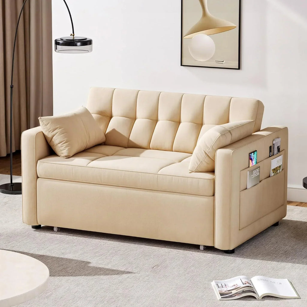 2026 3-in-1 Convertible Sofa Bed, 55" Sleeper Sofa with Pull-Out Bed, Cat-Scratch-Proof Fabric Futon Couch with Adjustable Backrest and Side Pocket, Loveseat for Living Room Apartment, Grey