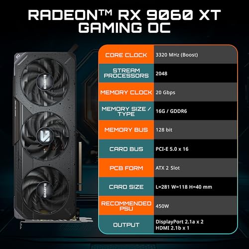 2026 GIGABYTE Radeon RX 9060 XT Gaming OC 16G Graphics Card, PCIe 5.0, 16GB GDDR6, GV-R9060XTGAMING OC-16GD Video Card