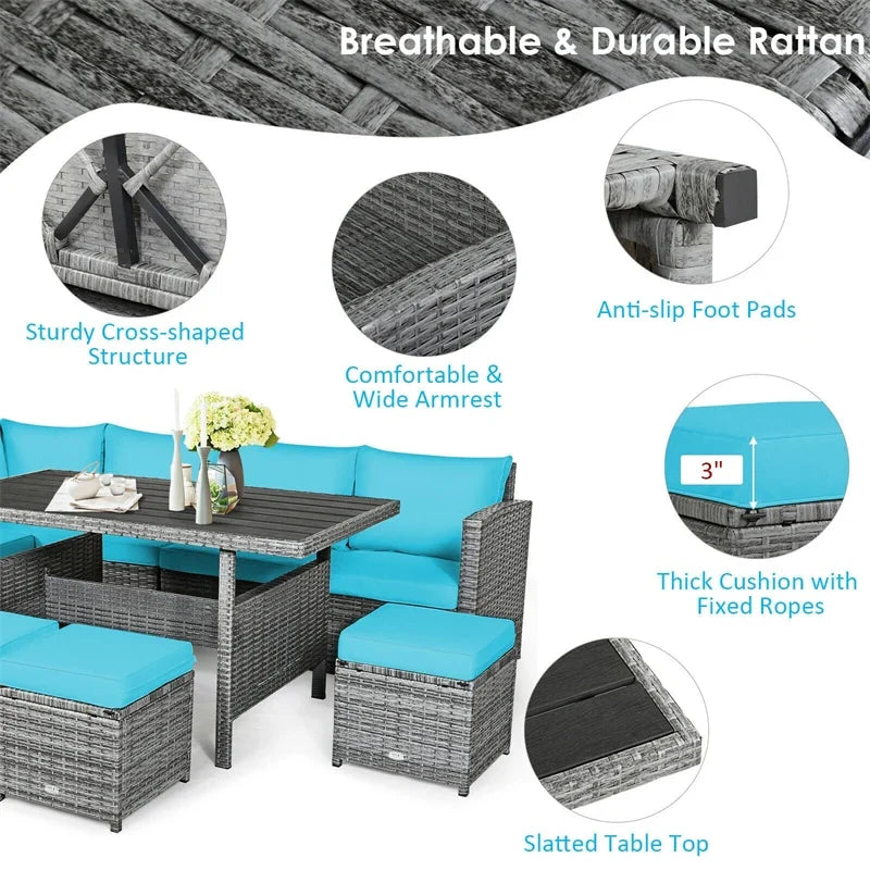 2026 7 PCS Resin Wicker Outdoor Sectional Sofa Set Rattan Patio Seating Group with Dining Table, Ottomans & Cushions