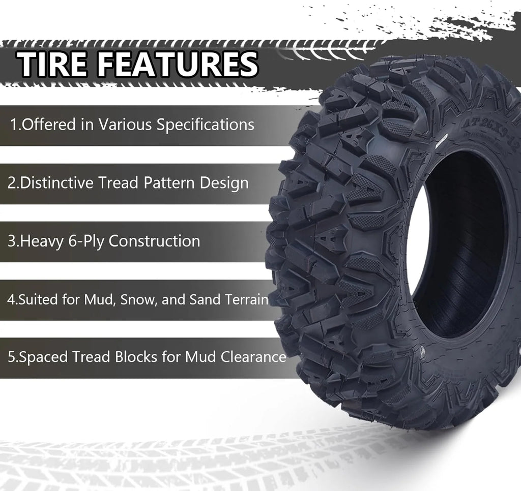 2026 26x12x12 Atv Tires, Set of 2 Atv Tires 26x12-12 6PR, All Terrain Atv/Utv Off-Road Tires, Black