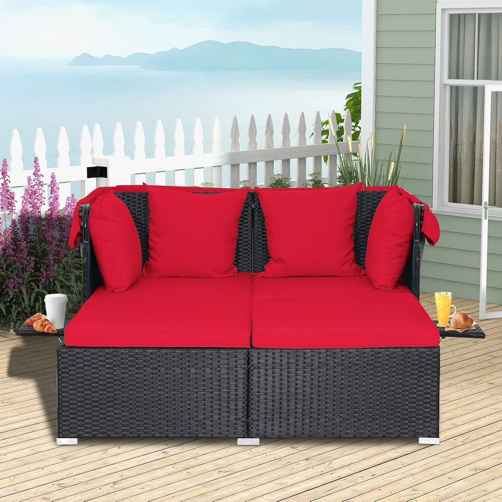 2026 Patio Outdoor Daybed with Canopy, Wicker Sunbed w/Cushions, 4 Pillows & 2 Retractable Side Trays, 2-Person Lounge Bed Conversation for Poolside Porch Garden, Rattan Outdoor Bed (Turquoise)