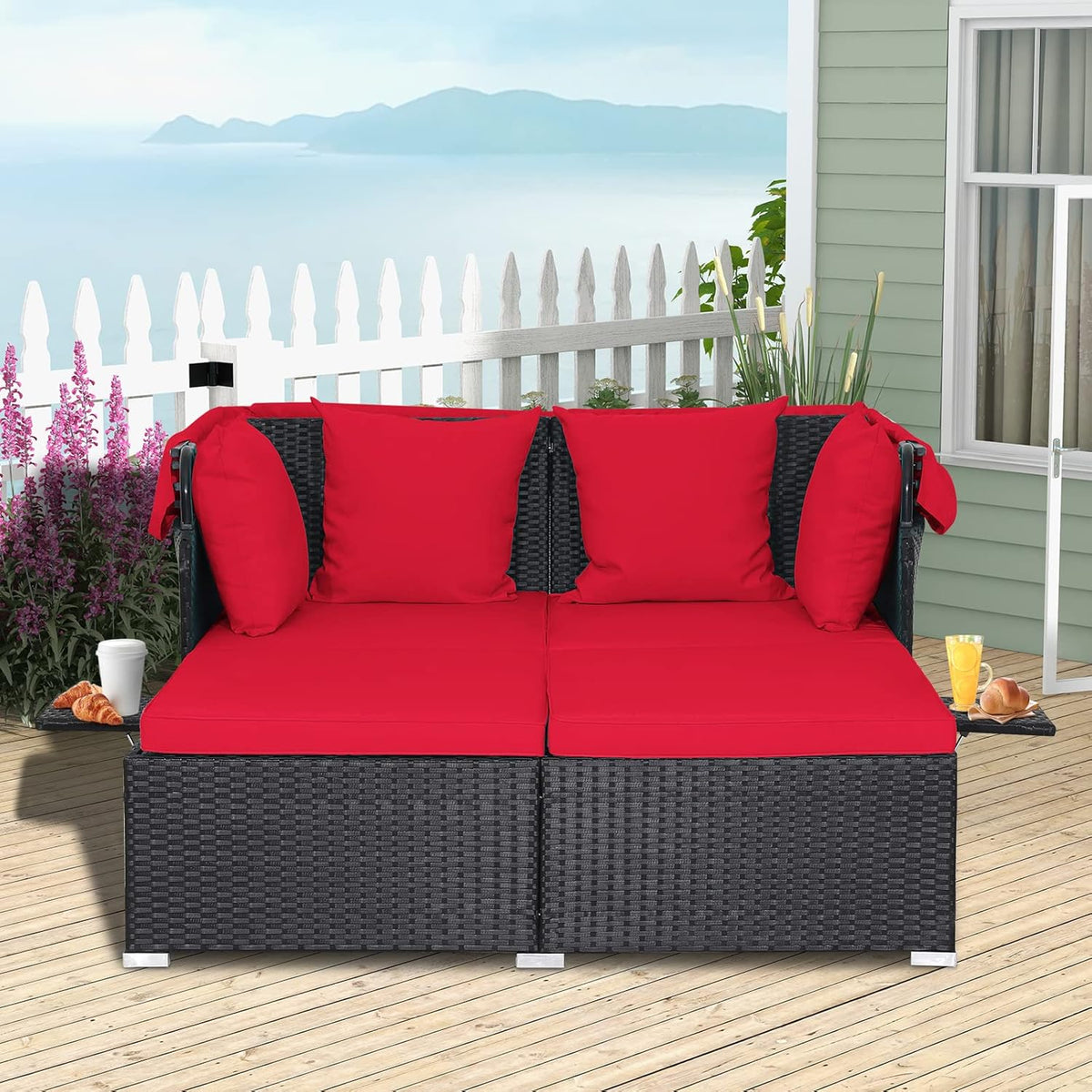 2026 Patio Outdoor Daybed with Canopy, Wicker Sunbed w/Cushions, 4 Pillows & 2 Retractable Side Trays, 2-Person Lounge Bed Conversation for Poolside Porch Garden, Rattan Outdoor Bed (Turquoise)