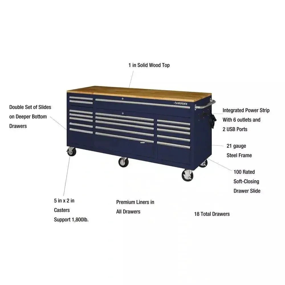 2026 72 in. 18-Drawer Mobile Workbench with Solid Wood Top in Gloss Blue