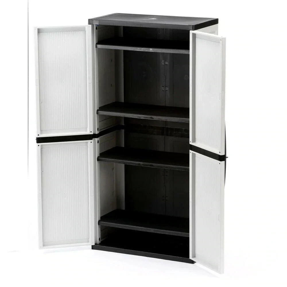 2026 NewFreestanding garage cabinet made of grey plastic, model 2025, 89 cm W x 180 cm H x 46 cm D, with adjustable shelves and lockable doors.