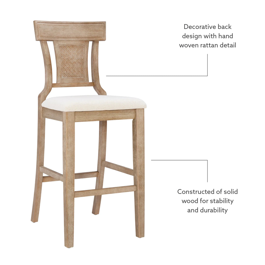 2026 NewLinon Rylan 30" Bar Stool, Rustic Brown Finish with Beige Fabric
