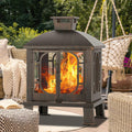 2026 45" H 31''W Metal Chiminea Fire Pit with Grill, Wood Burning Fire Pits for Outside,Square Chimineas Fireplace with Mesh Spark Screen Door& Fire Poker for Garden,Yard,BBQ,Bonfire (Black&Gold)