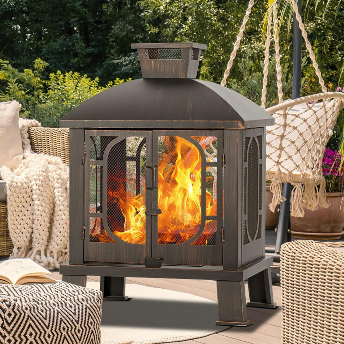 2026 45" H 31''W Metal Chiminea Fire Pit with Grill, Wood Burning Fire Pits for Outside,Square Chimineas Fireplace with Mesh Spark Screen Door& Fire Poker for Garden,Yard,BBQ,Bonfire (Black&Gold)