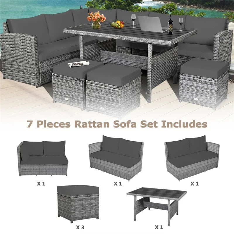 2026 7 PCS Resin Wicker Outdoor Sectional Sofa Set Rattan Patio Seating Group with Dining Table, Ottomans & Cushions