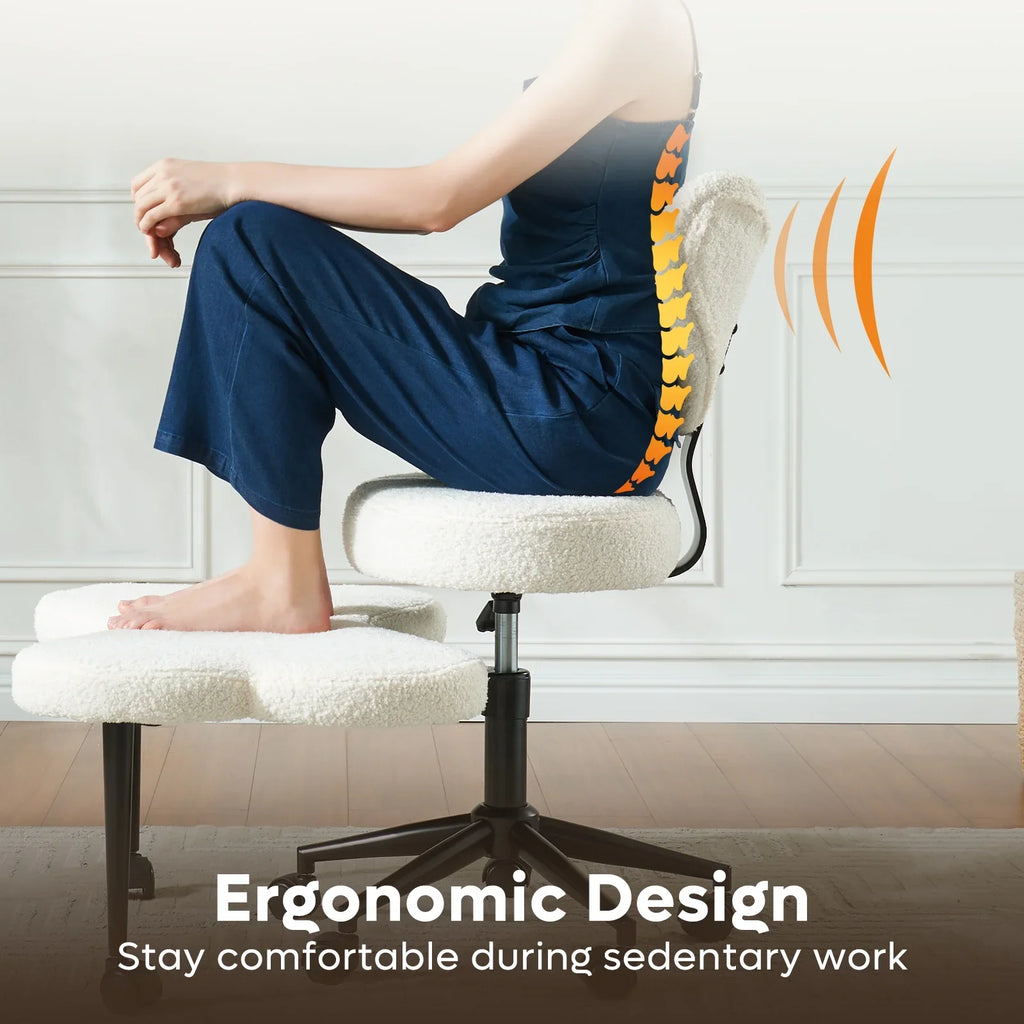 2026 NewPinmoco Ergonomic Cross Legged Swivel Chair, Adjustable Height and Teddy Fabric, Meditation& ADHD Chair with Back Support, Home and Office, Off White