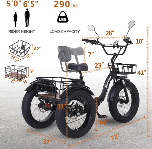 2026 Electric Tricycle for Adults, 750W(Peak 1350W), 48V13Ah Ebike, 20"x4.0" Aluminum Folding Fat Tire 3 Wheel Electric Trike, Max 20MPH Hydraulic Brake, Rear Motor Differential