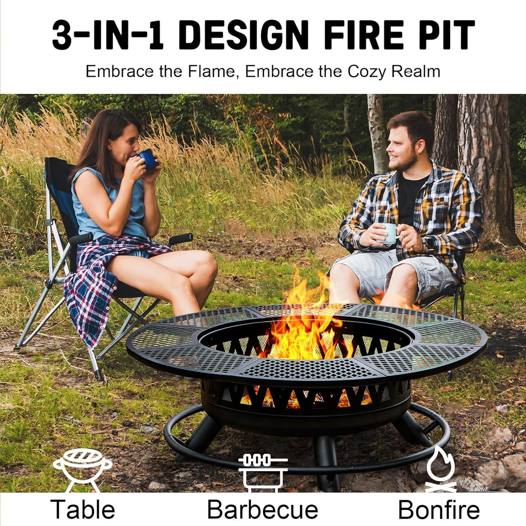 2026 47 Inch Fire Pit with 2 Grills, Outdoor Extra Large Firepits for Outside, Wood Burning Fireplace for Camping,Picnic,Bonfire, 3-in-1 Round Metal Table with Lid for Backyard,Patio,Party