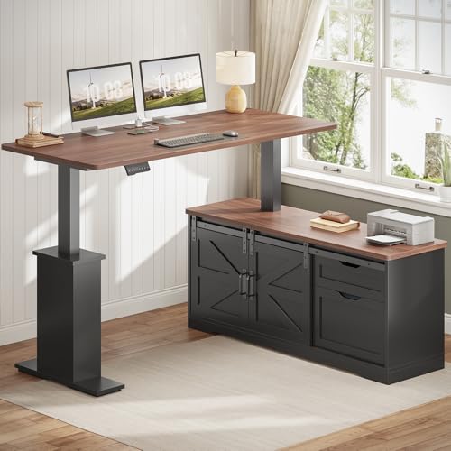 2026 SEDETA Farmhouse L Shaped Standing Desk, 55 inch Height Adjustable Corner Desk with Storage Drawers, Standing Computer Desks with Power Outlets for Home Office, Black