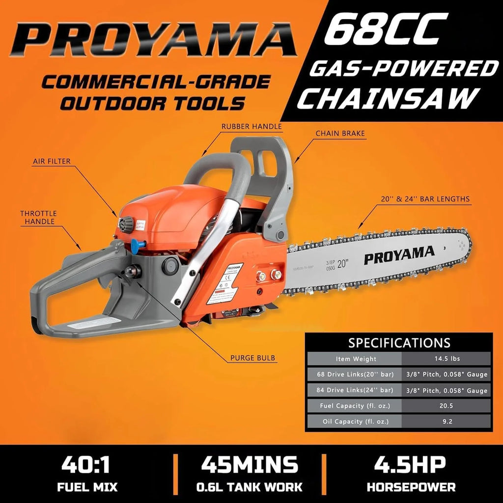 2026 68CC 2-Cycle Top Handle Gas Powered Chainsaw 24 Inch 20 Inch Petrol Handheld Cordless Chain Saw for Tree Wood Cutting