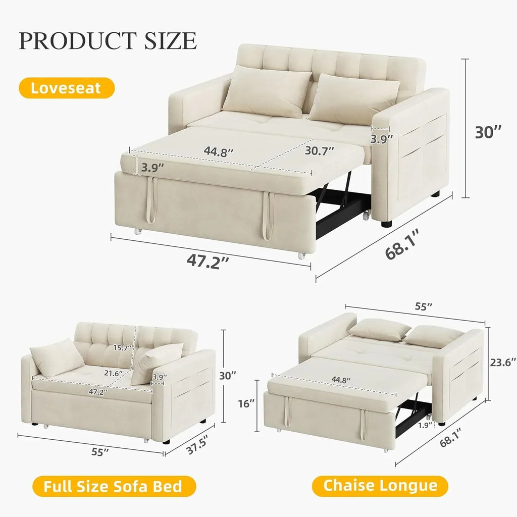 2026 3-in-1 Convertible Sofa Bed, 55" Sleeper Sofa with Pull-Out Bed, Cat-Scratch-Proof Fabric Futon Couch with Adjustable Backrest and Side Pocket, Loveseat for Living Room Apartment, Grey