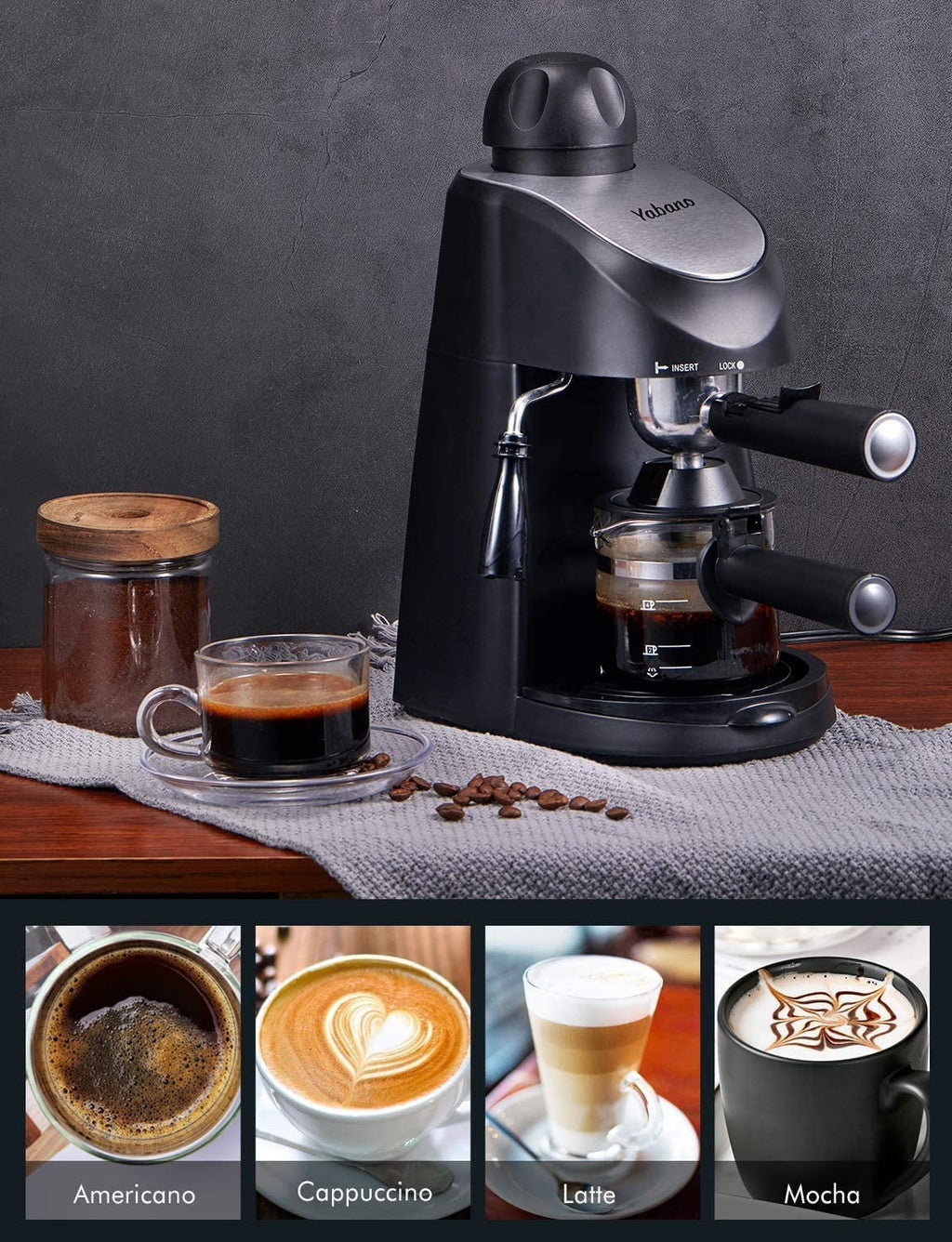 2026 Espresso Machine, Yabano 3.5 Bar 4 Cup Steam Espresso Cappuccino Maker with Milk Frother, 800W, Black