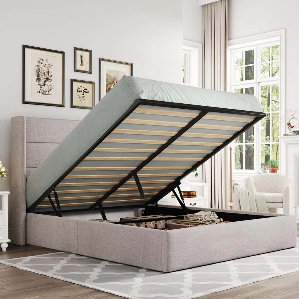 2026 Queen Size Lift Up Storage Bed, Modern Wingback Headboard, Hydraulic Support, No Box Spring Needed, Light Beige