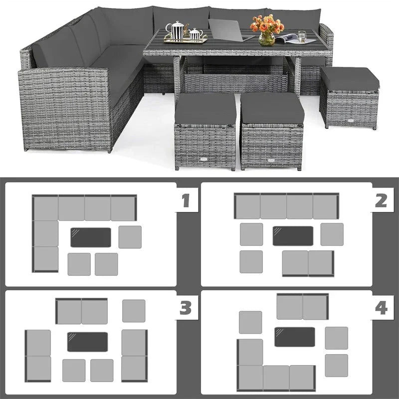 2026 New7 Pcs Rattan Patio Dining Furniture Sectional Sofa Set with Dining Table, Ottomans & Cushions
