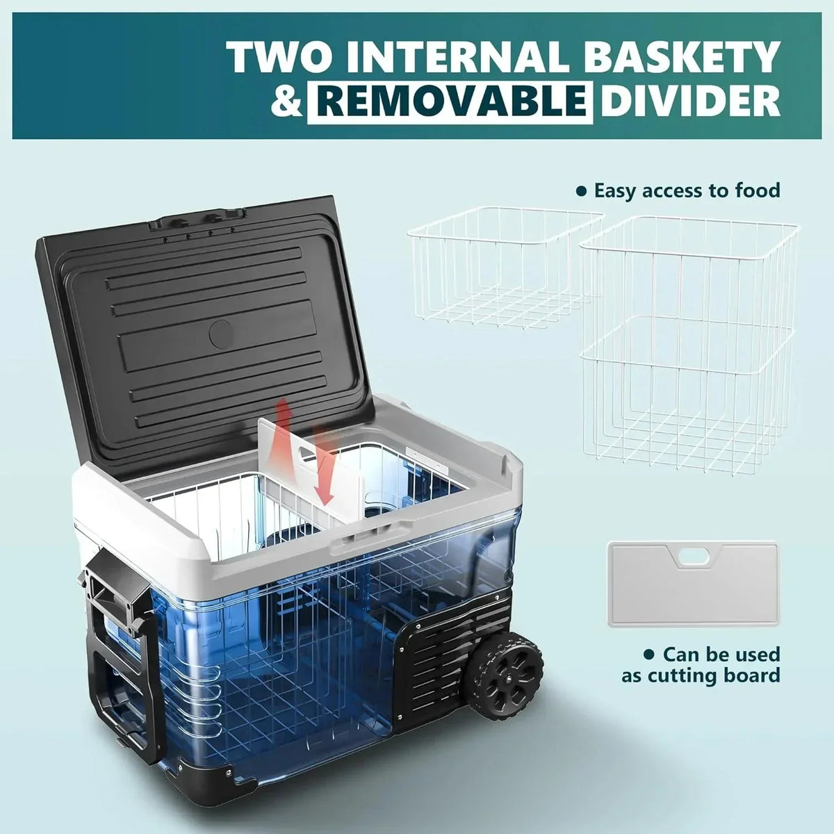2026 12 Volt Refrigerator, 53QT(50L) Electric Cooler, Portable Freezer 12V/24V DC 110-240V AC, 12V Fridge -4 ~68, 12V Cooler with Wheels & 2 Baskets for Travel, Truck, Boat, Camping