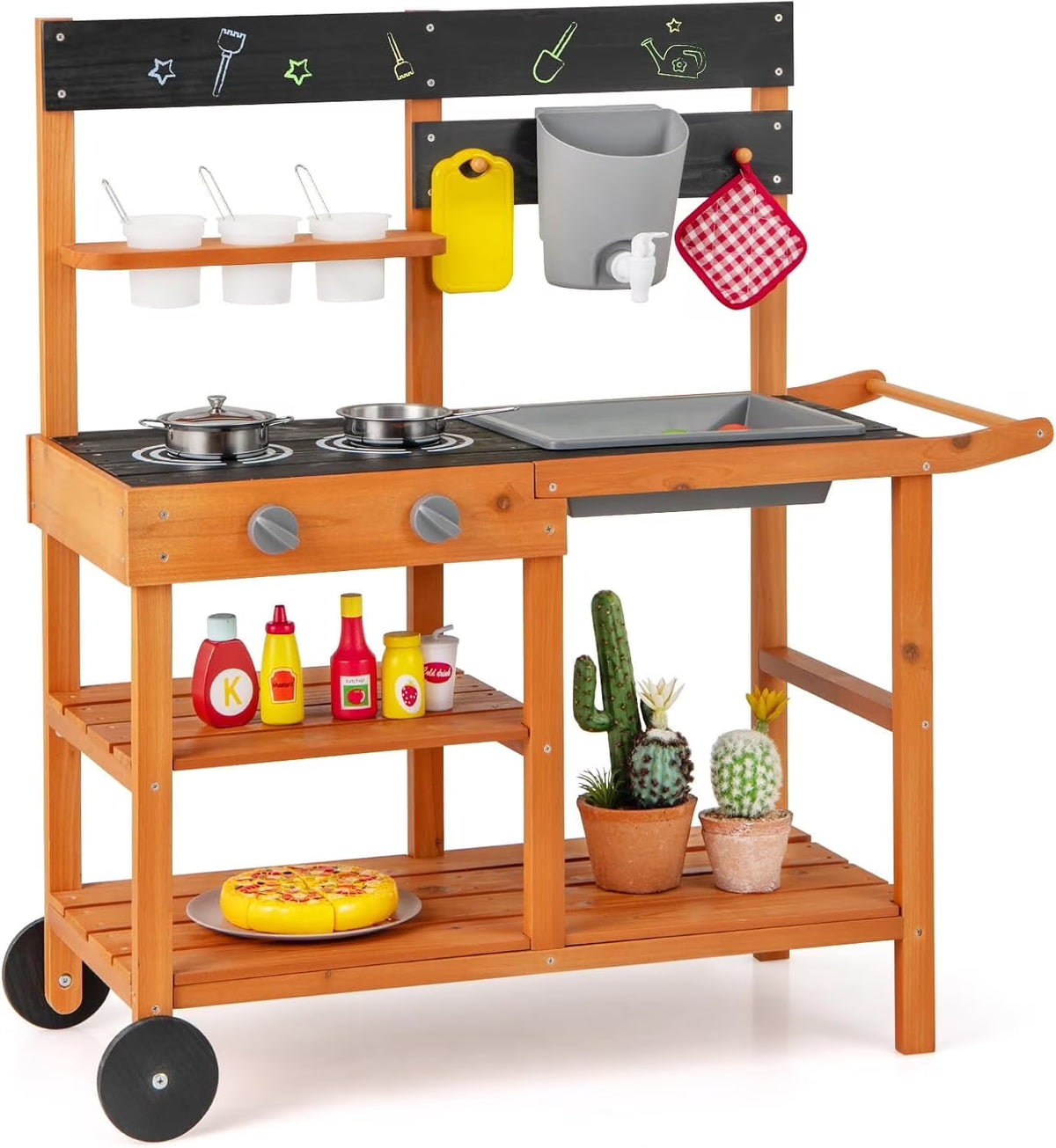 2026 NewOLAKIDS Mud Kitchen, Outdoor Play Kitchen with Wheels 3 Cups Removable Sink Cooking Accessories Wooden Kids Kitchen Playset Backyard Garden Toys Gift for Boys Girls Ages 3+