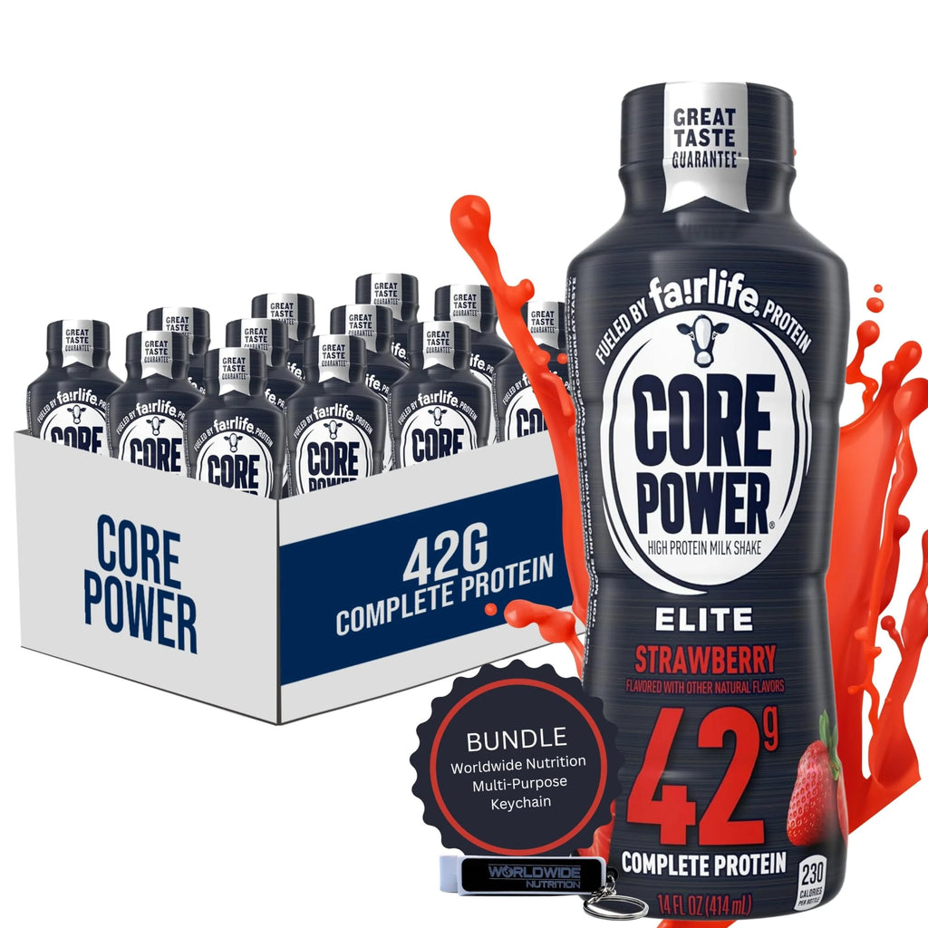 2026 Core Power Fairlife Elite 42g High Protein Milk Shake - Kosher, Strawberry Protein Shake for Workout Recovery - 14 Fl Oz Pack of 12 & Multi-Purpose Key Chain