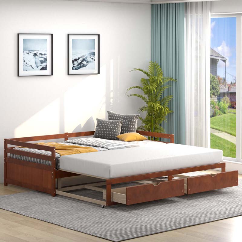 2026 Extendable Twin to King Daybed with Trundle & 2 Storage Drawers, Dual-use Modern Sofa Bed with Roll Out Bed Frame