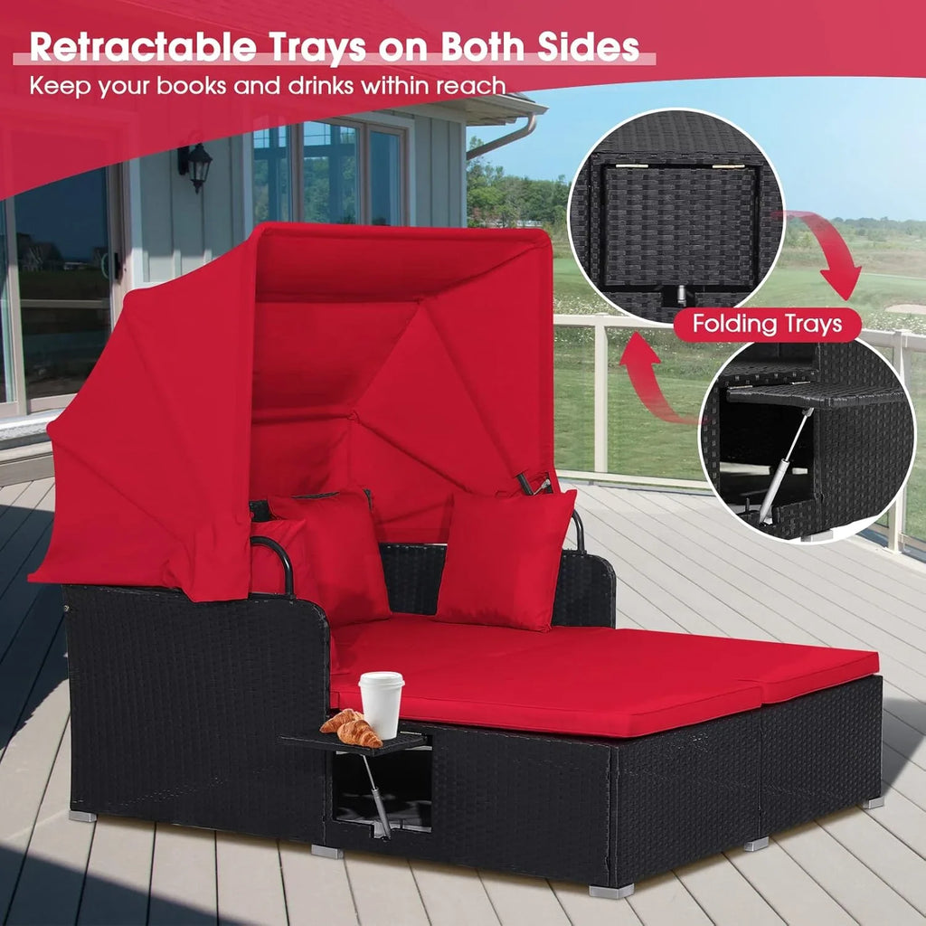 2026 Patio Outdoor Daybed with Canopy, Wicker Sunbed w/Cushions, 4 Pillows & 2 Retractable Side Trays, 2-Person Lounge Bed Conversation for Poolside Porch Garden, Rattan Outdoor Bed (Turquoise)