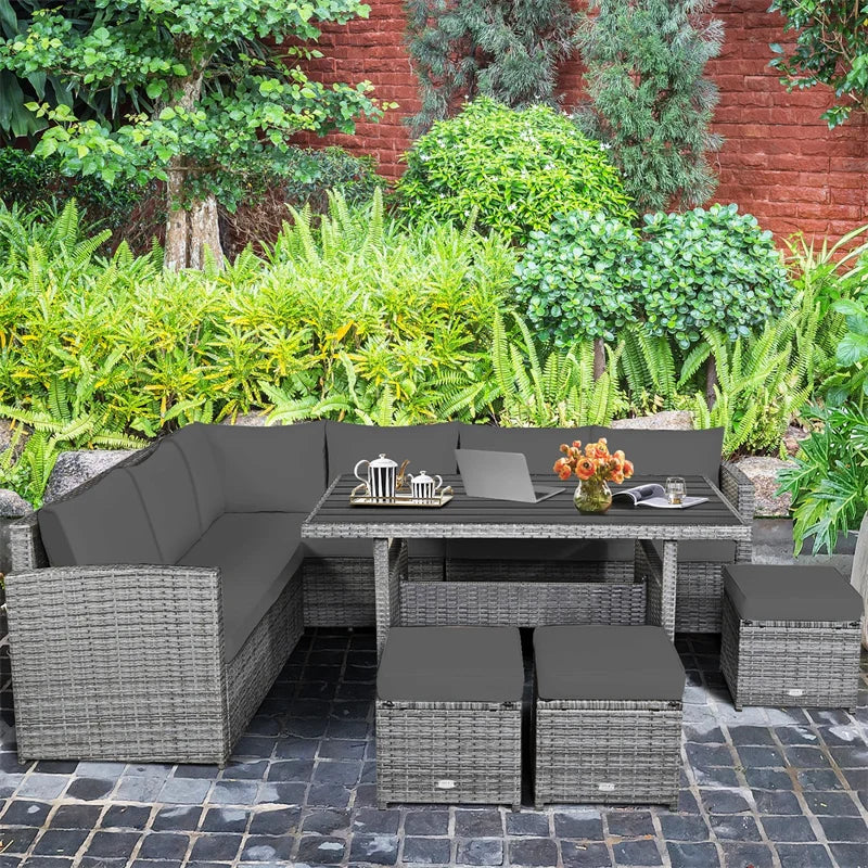 2026 7 PCS Resin Wicker Outdoor Sectional Sofa Set Rattan Patio Seating Group with Dining Table, Ottomans & Cushions