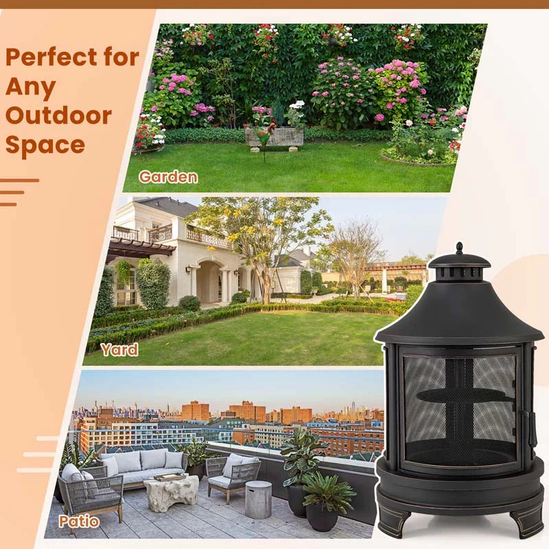 2026 30" 2-in-1 Metal Chiminea Fire Pit with Adjustable Grill & Chimney, Outdoor Wood Burning Chiminea Fireplace with Spark Screen for Patio Backyard BBQ