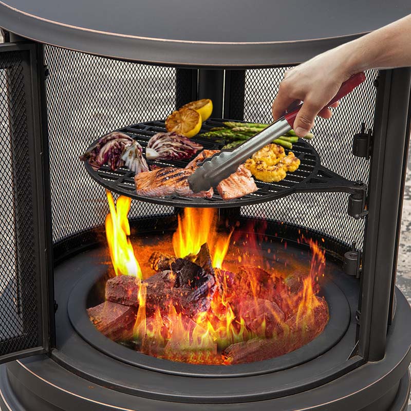 2026 30" 2-in-1 Metal Chiminea Fire Pit with Adjustable Grill & Chimney, Outdoor Wood Burning Chiminea Fireplace with Spark Screen for Patio Backyard BBQ