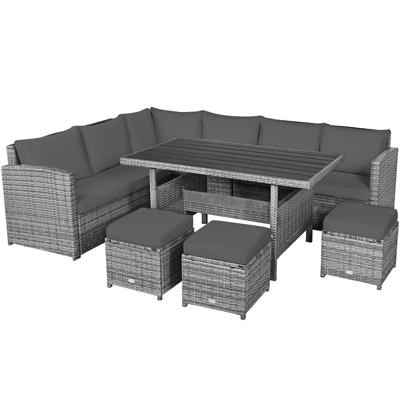 2026 7 PCS Resin Wicker Outdoor Sectional Sofa Set Rattan Patio Seating Group with Dining Table, Ottomans & Cushions