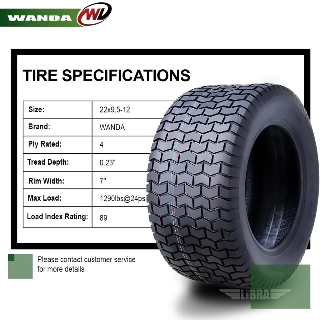 2026 NewWANDA 22X9.5-12 Lawn Mower Tractor Cart Turf Tire 4 Ply 22x9.5x12-13135