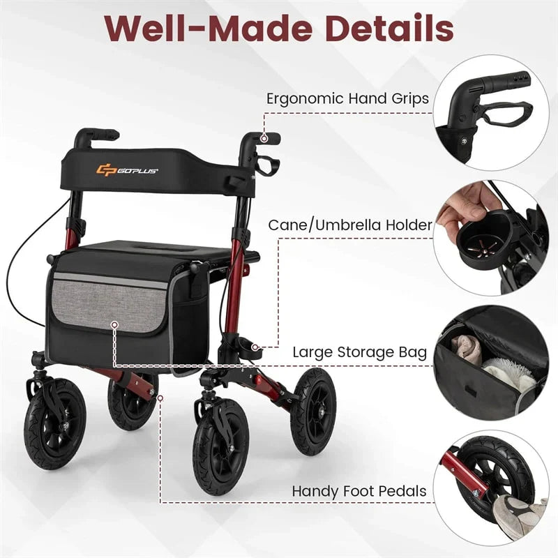 2026 2-in-1 Folding Rolling Rollator Walker with Seat, 9" All-Terrain Pneumatic Tires & Height Adjustment, Aluminum Mobility Walking Aid for Seniors