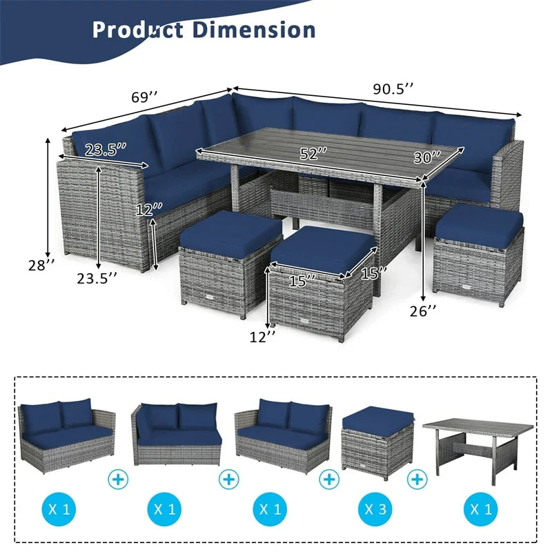 2026 7 PCS Resin Wicker Outdoor Sectional Sofa Set Rattan Patio Seating Group with Dining Table, Ottomans & Cushions