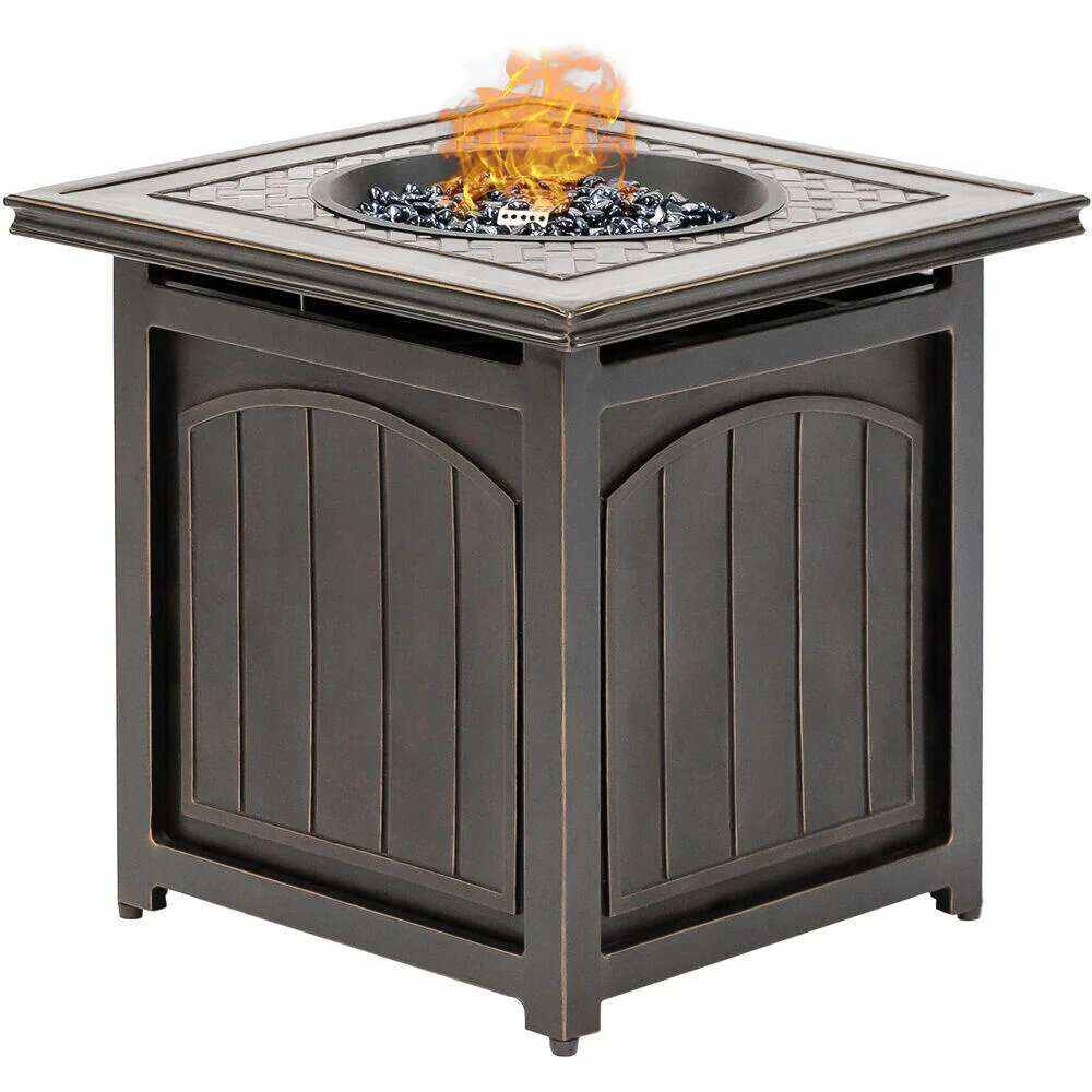 2026 Orleans 5-Piece Steel Patio Fire Pit Conversation Set with Navy Blue Cushions, Swivel Gliders and Square Fire Pit Table