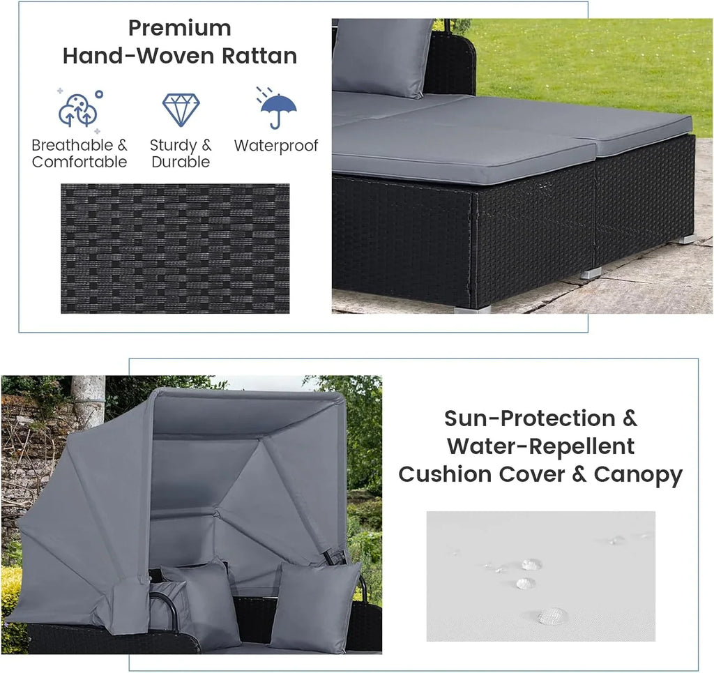 2026 Patio Outdoor Daybed with Canopy, Wicker Sunbed w/Cushions, 4 Pillows & 2 Retractable Side Trays, 2-Person Lounge Bed Conversation for Poolside Porch Garden, Rattan Outdoor Bed (Turquoise)