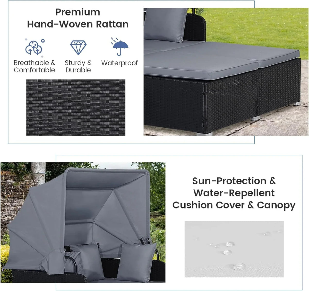 2026 Patio Outdoor Daybed with Canopy, Wicker Sunbed w/Cushions, 4 Pillows & 2 Retractable Side Trays, 2-Person Lounge Bed Conversation for Poolside Porch Garden, Rattan Outdoor Bed (Turquoise)