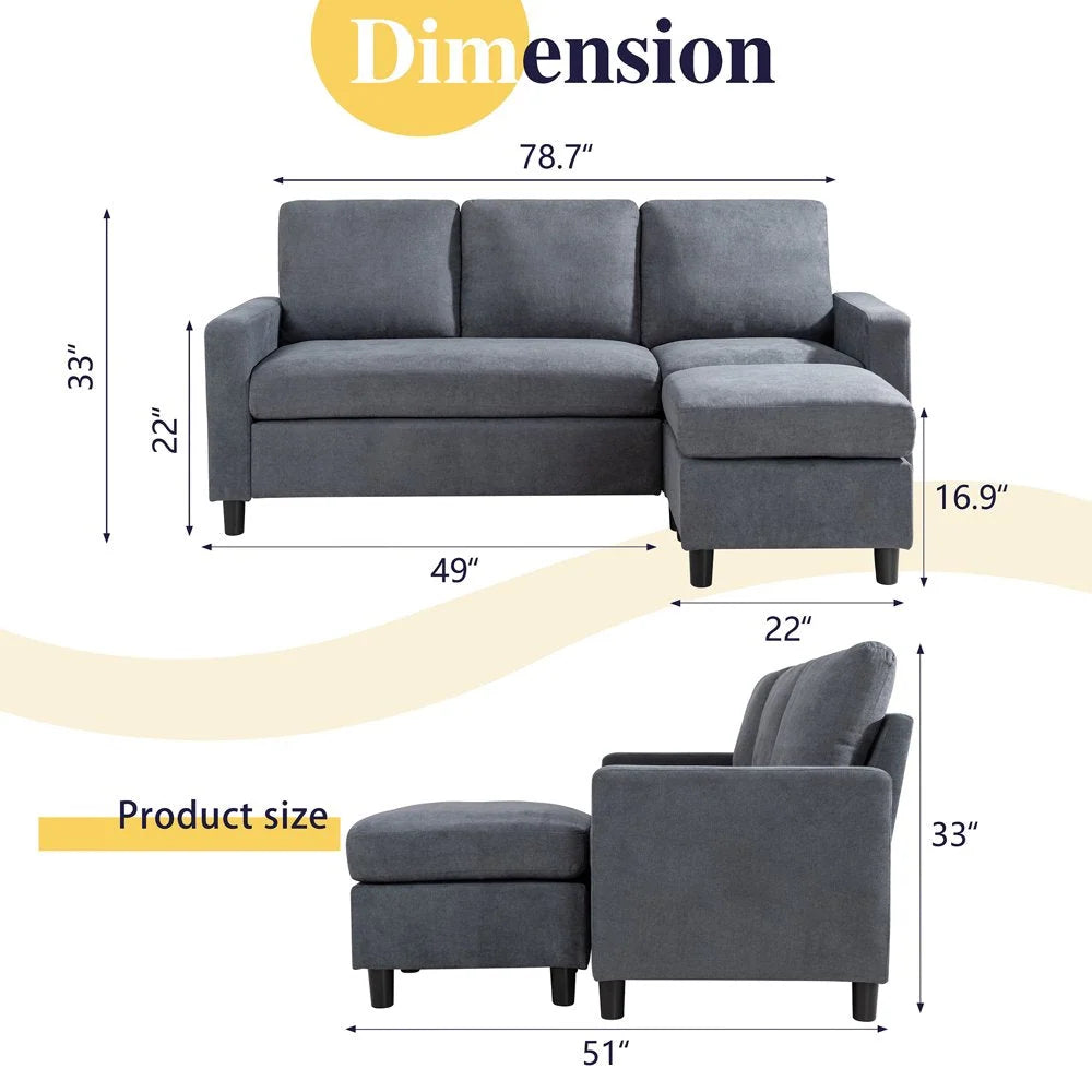 2026 Convertible Sectional Sofa, L-Shaped Linen Fabric Couch with Reversible Design and Movable Ottoman for Small Spaces